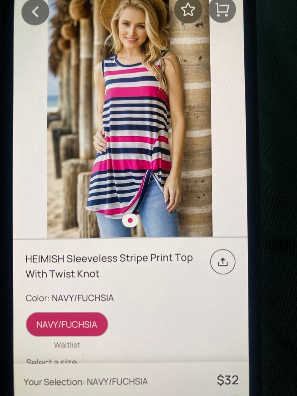 Striped Sleeveless Tank Top in Navy, White & Coral with Side Knot